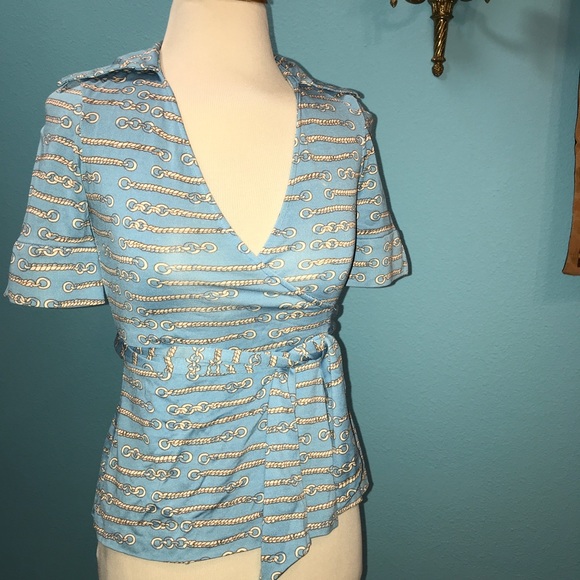 DVF Blue Silk “Julianna” Wrap Top - Picture 5 of 8